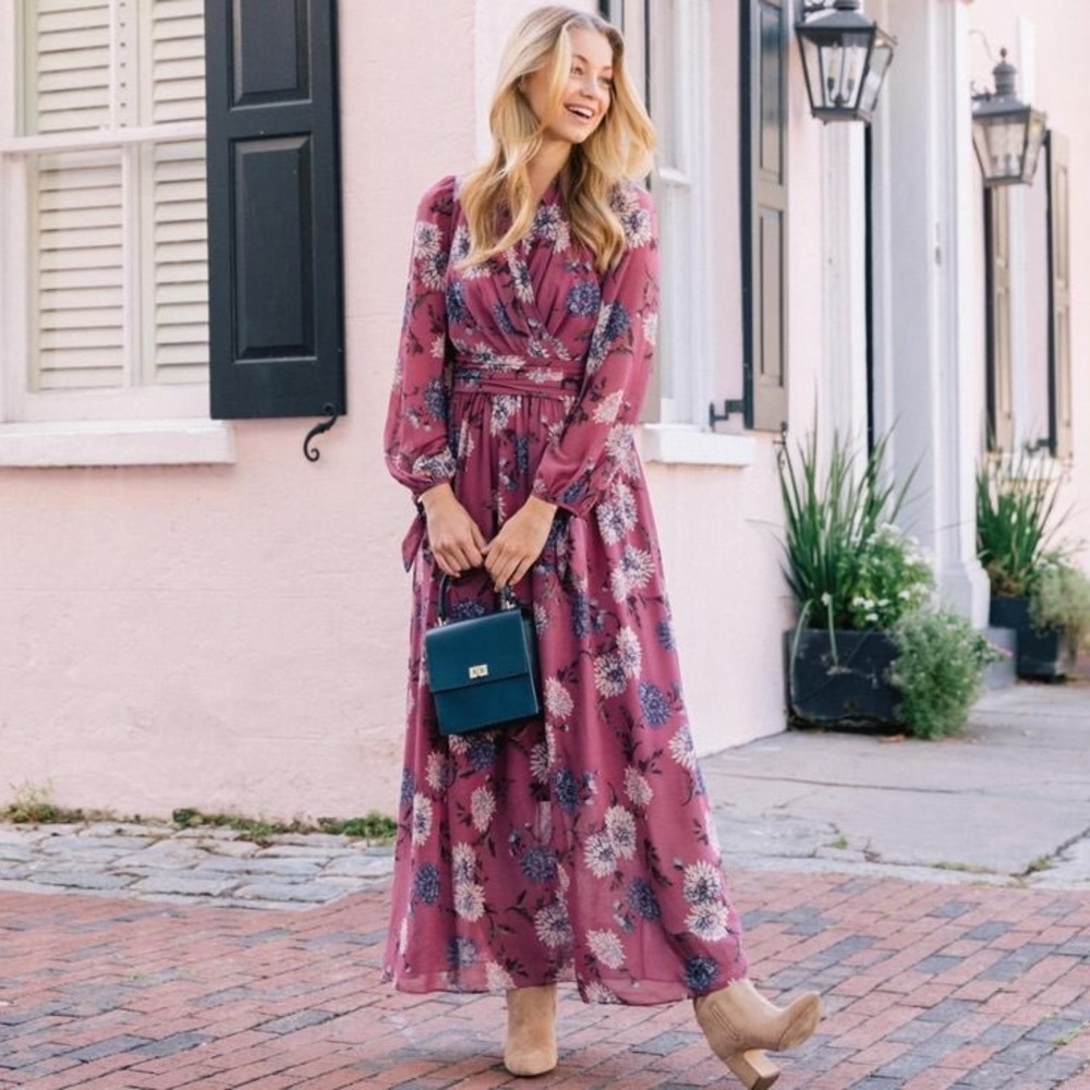 Gal Meets Glam Georgia Chiffon Maxi Dress Size 0 Floral Flowy Romantic Cottage